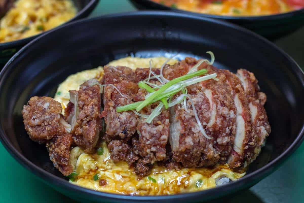Danlao chicken cutlet scrambled egg rice bowl at Maxwell Food Centre