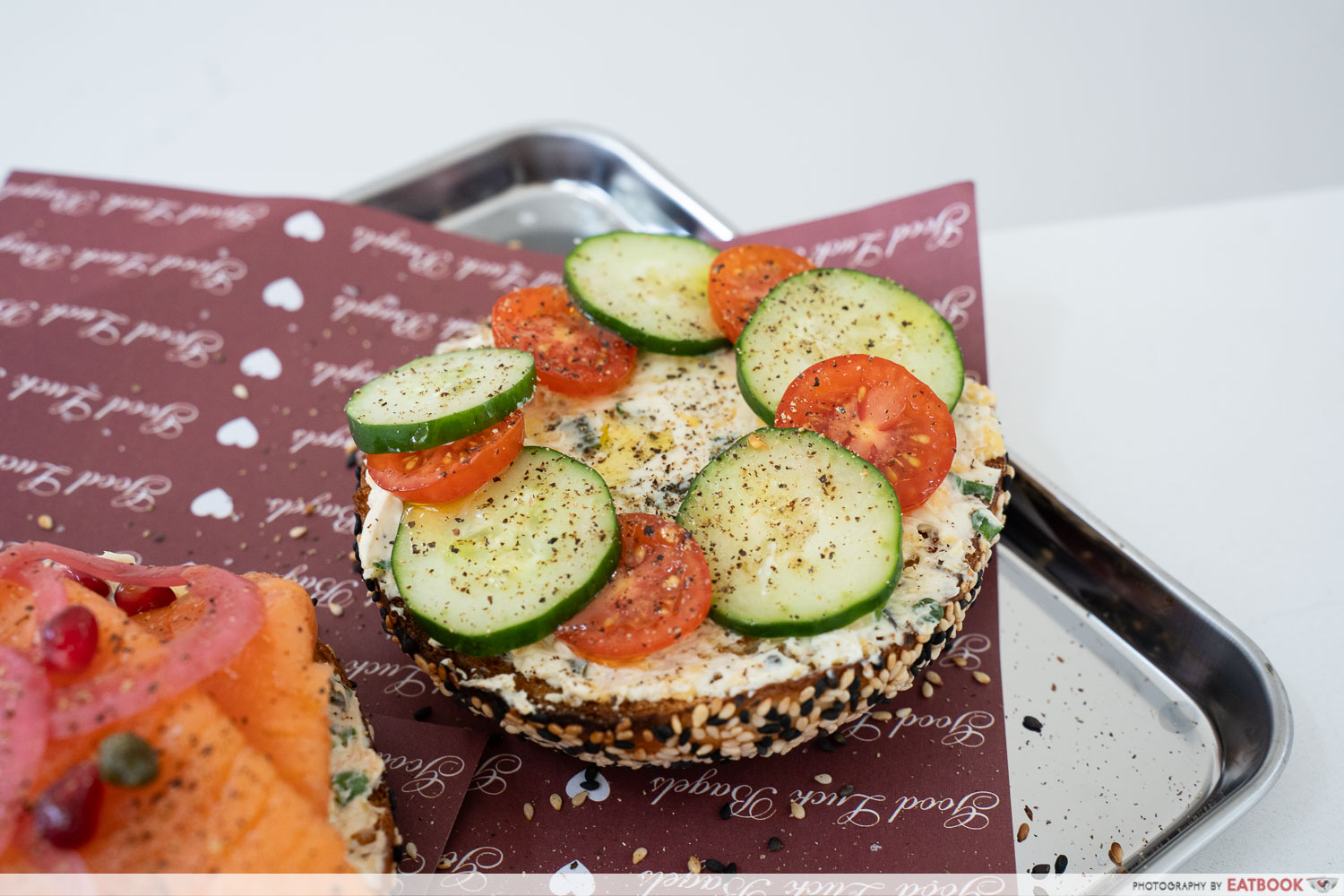 Crunchy Garden bagel with candy tomatoes and Japanese cucumber