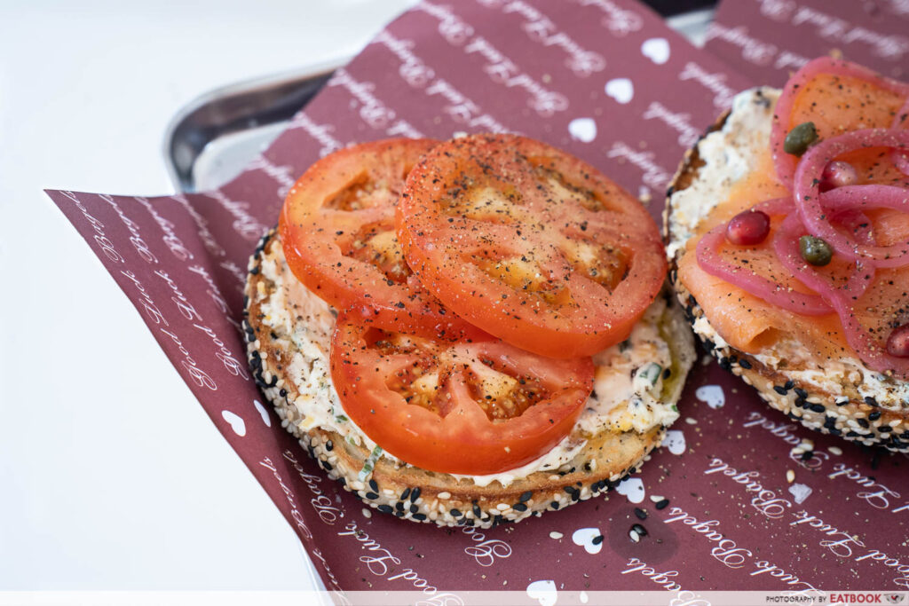 Japanese Grande Tomatoes open-face bagel at Good Luck Bagels