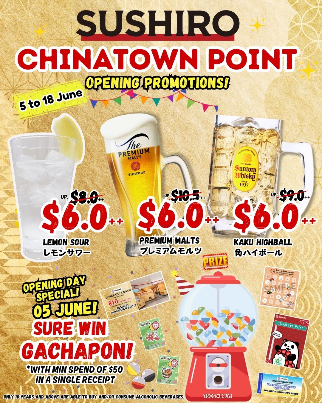 SUSHIRO Chinatown Point opening day drinks and Gachapon promotion
