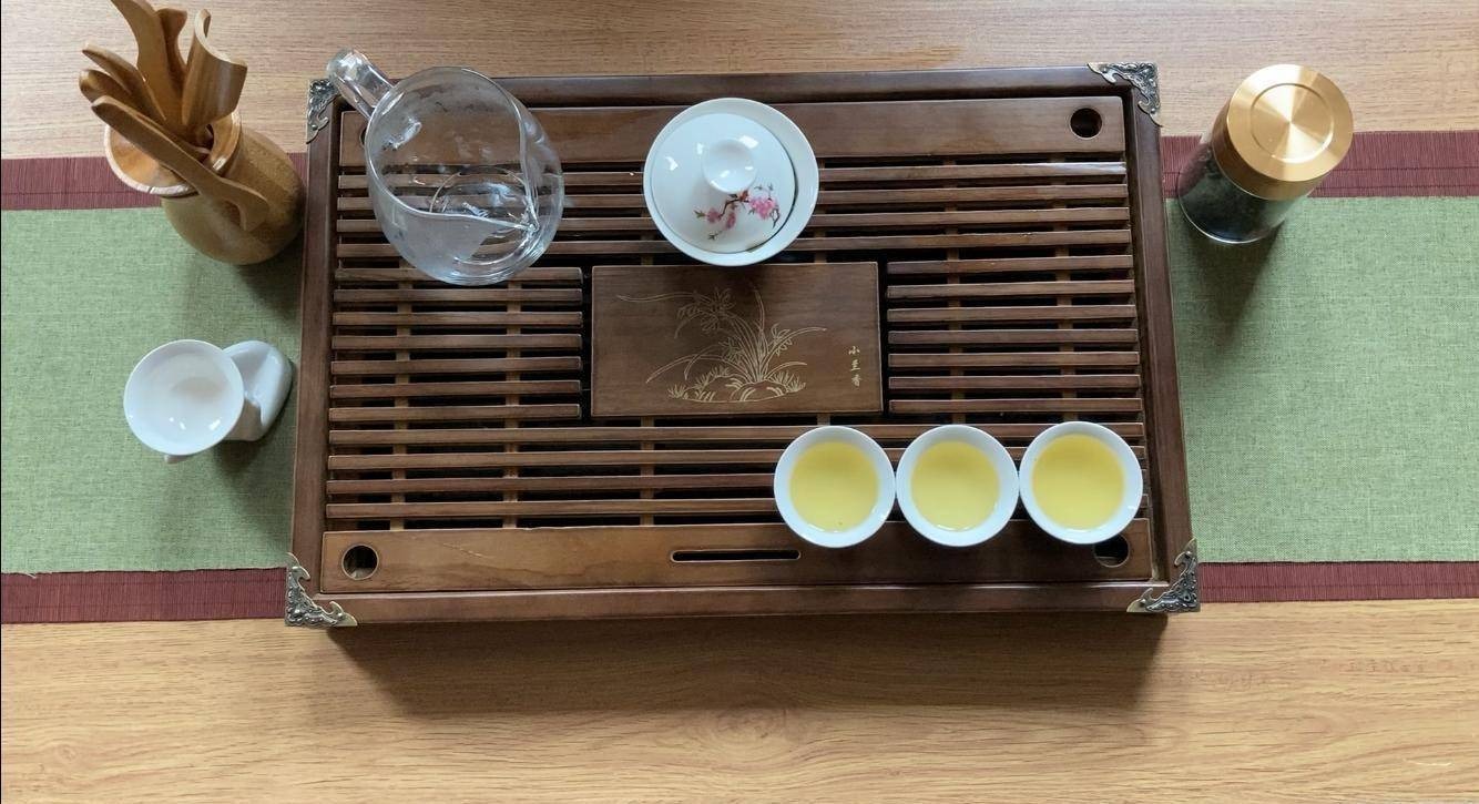 Chinese tea ceremony with gaiwan and tea cups on a wooden tray